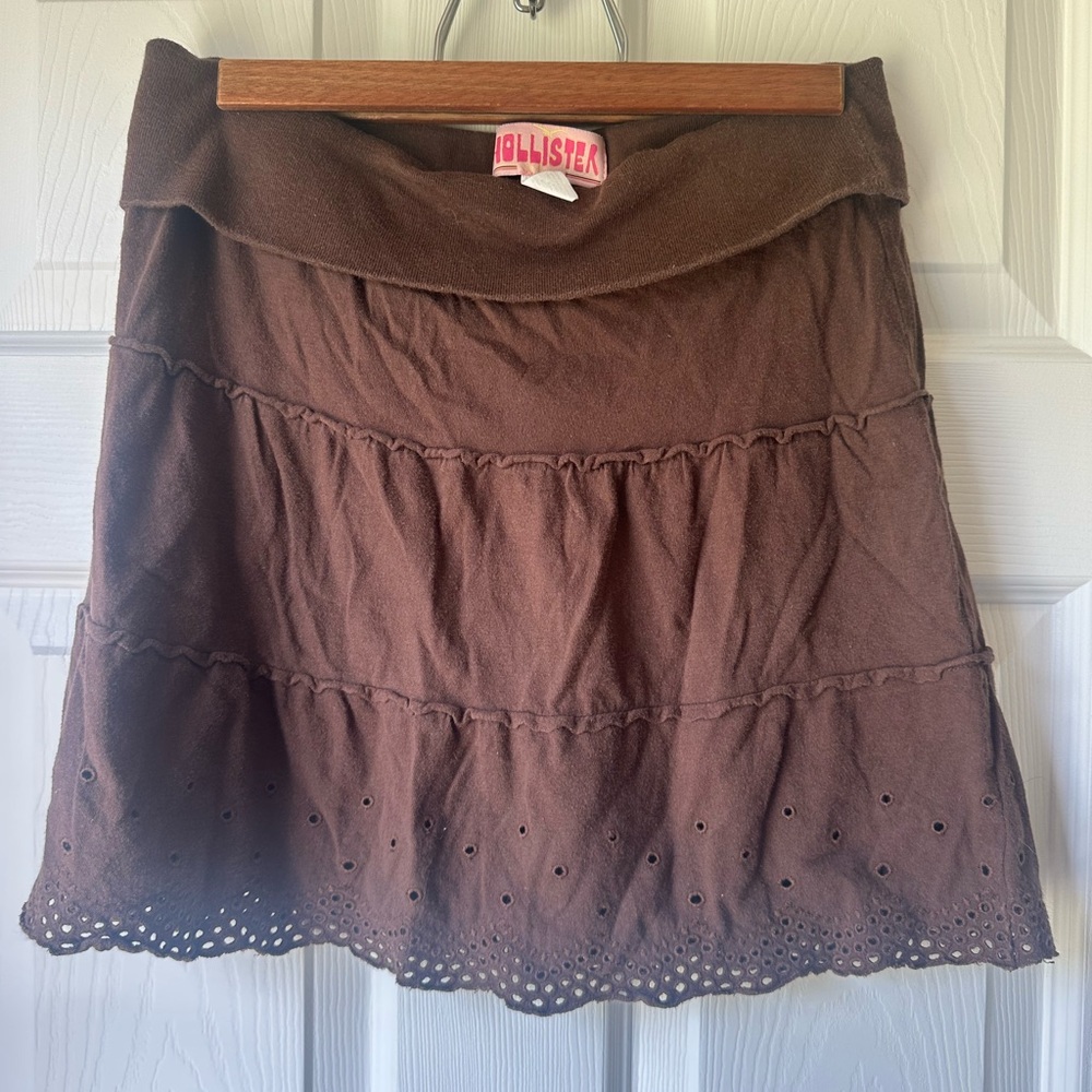 Vintage Hollister Brown Tiered A-Line Cotton Boho Mini Skirt with Eyelet Detail